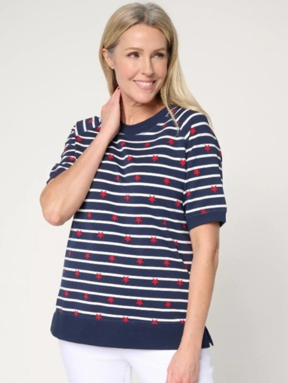 New Navy Striped Elbow Sleeve Top with Red Stars Small